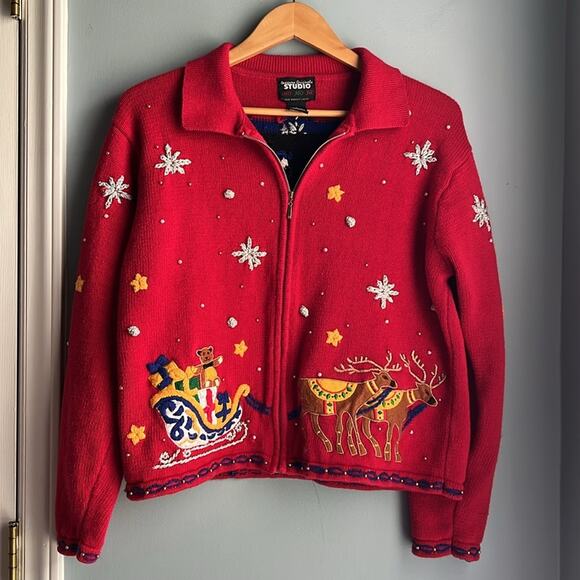 Designers Originals Vintage Christmas Sweater Beaded Embroidered Santa Reindeer - Picture 4 of 8